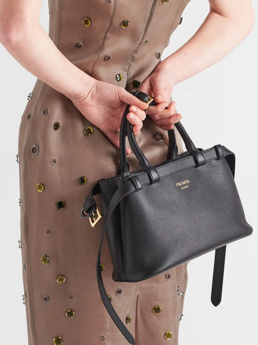 Black Small Leather Handbag With Buckle Straps