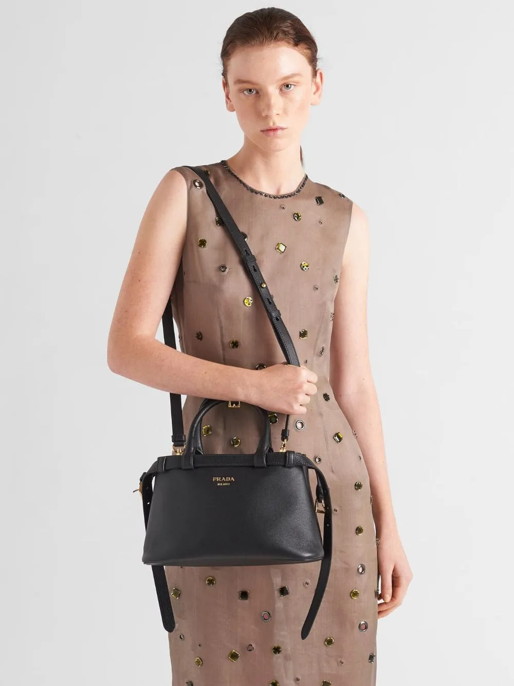 Black Small Leather Handbag With Buckle Straps