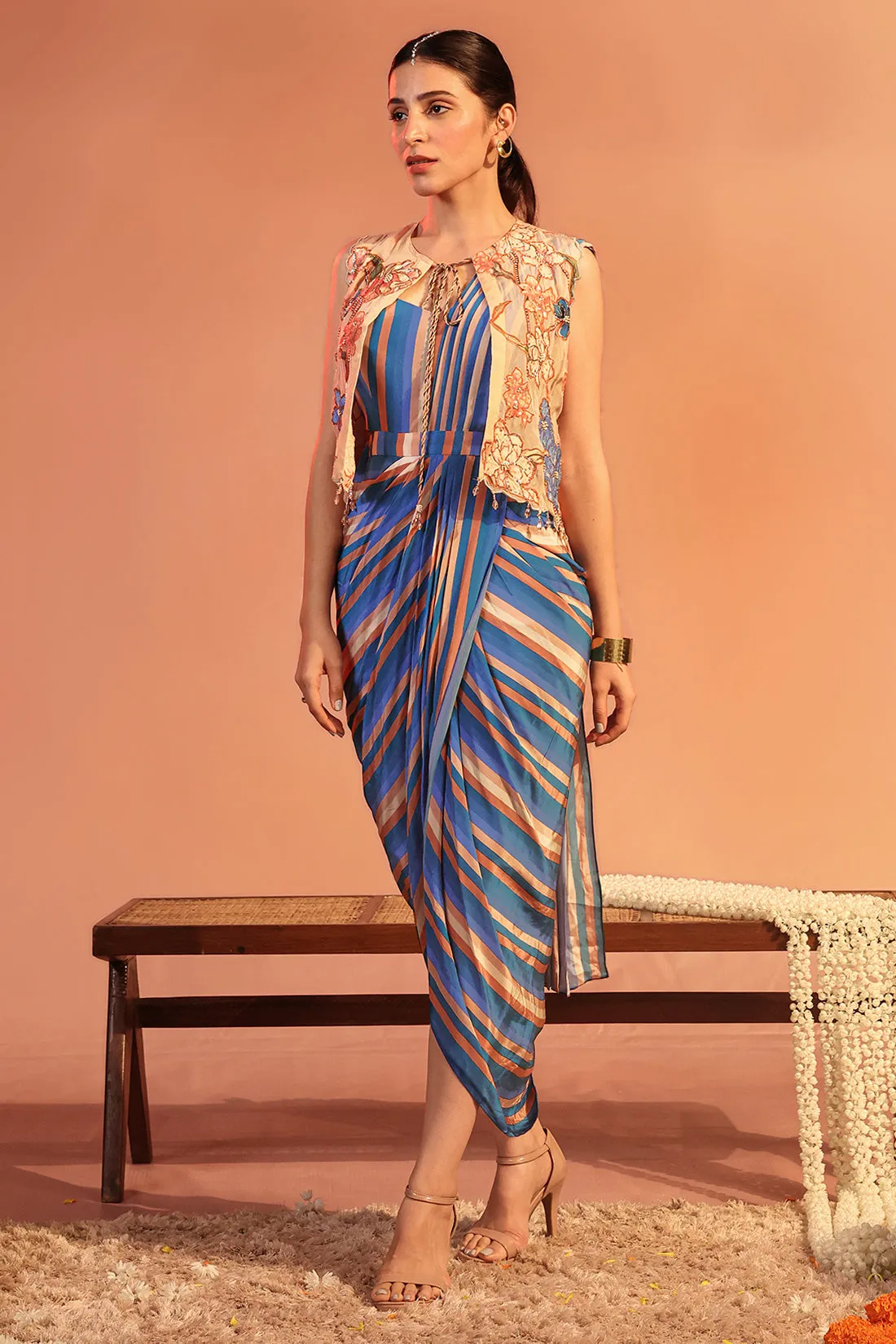 Blue adira embroidered drape dress set