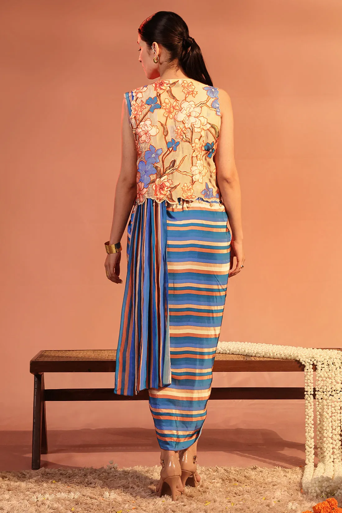 Blue adira embroidered drape dress set
