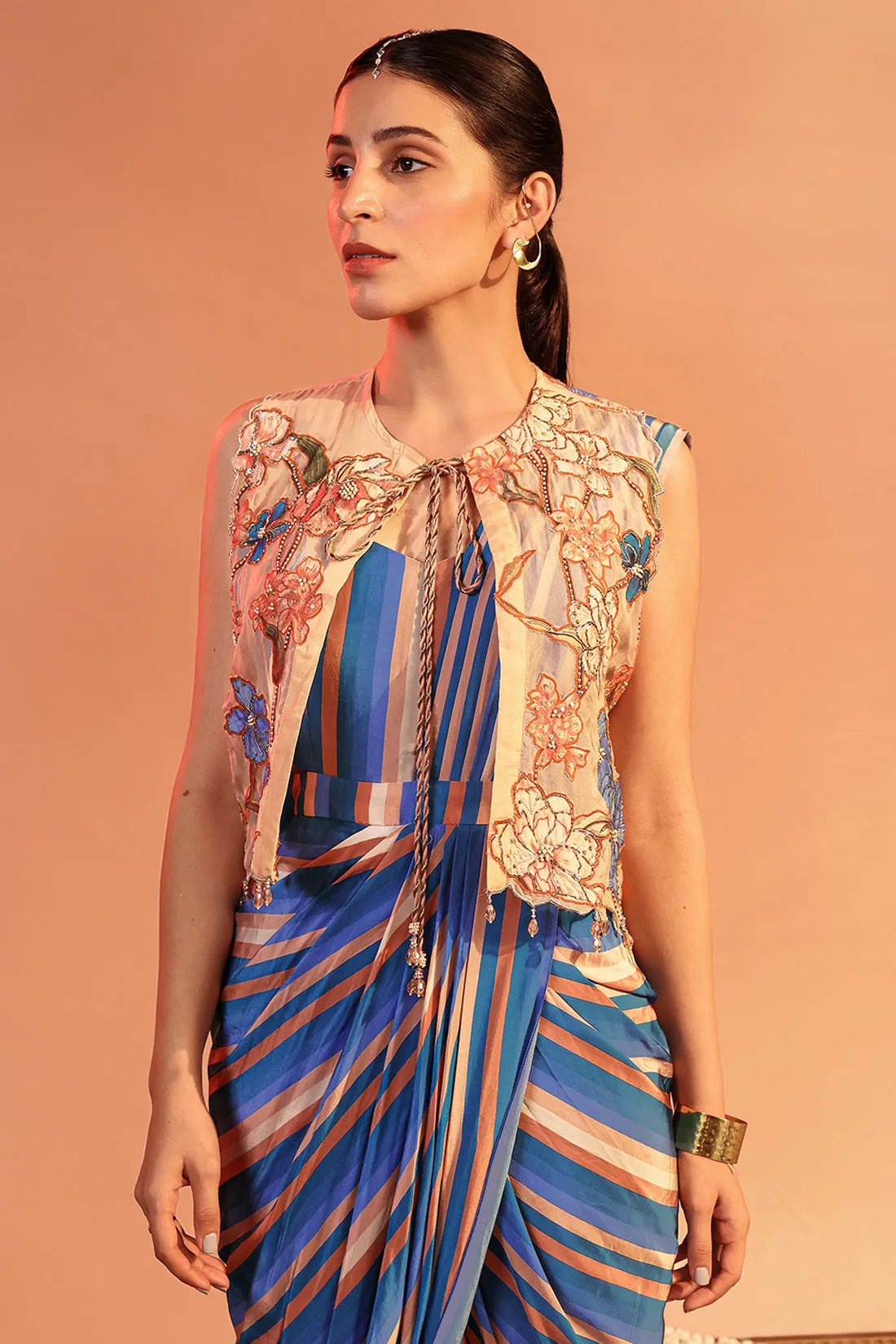 Blue adira embroidered drape dress set