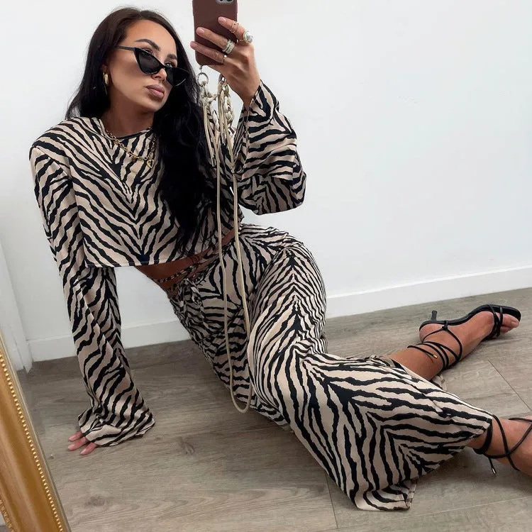 Bold Zebra Striped Long-Sleeved Crop Top and Fishtail Skirt Set