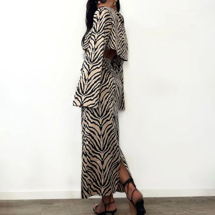 Bold Zebra Striped Long-Sleeved Crop Top and Fishtail Skirt Set