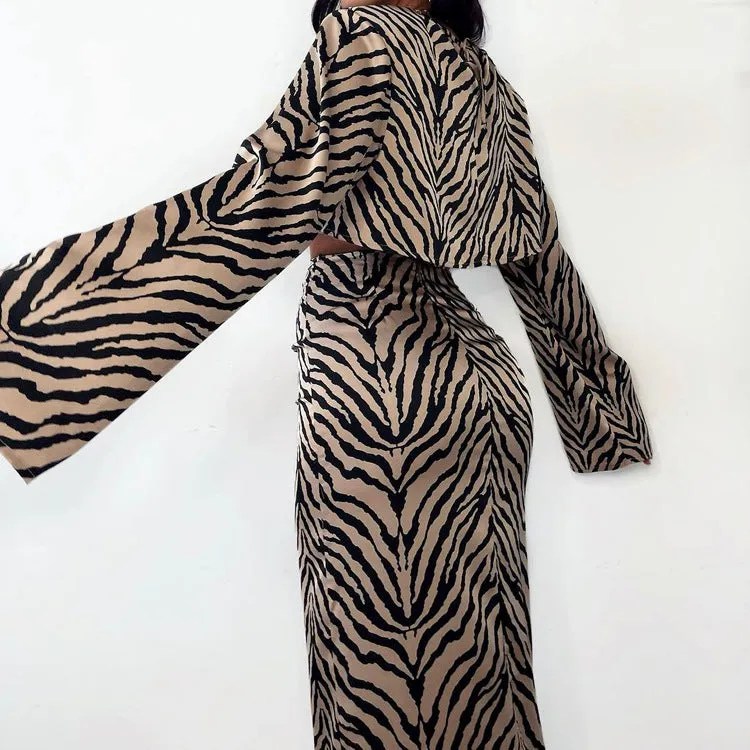 Bold Zebra Striped Long-Sleeved Crop Top and Fishtail Skirt Set