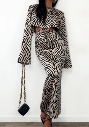 Bold Zebra Striped Long-Sleeved Crop Top and Fishtail Skirt Set