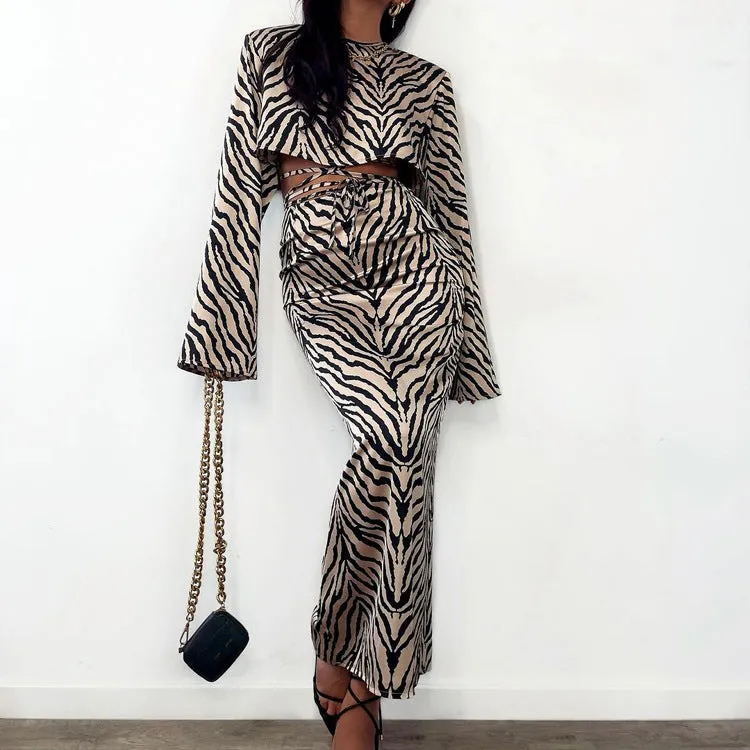 Bold Zebra Striped Long-Sleeved Crop Top and Fishtail Skirt Set