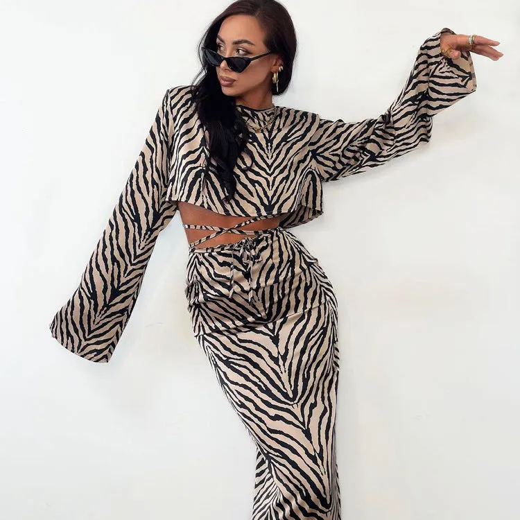 Bold Zebra Striped Long-Sleeved Crop Top and Fishtail Skirt Set