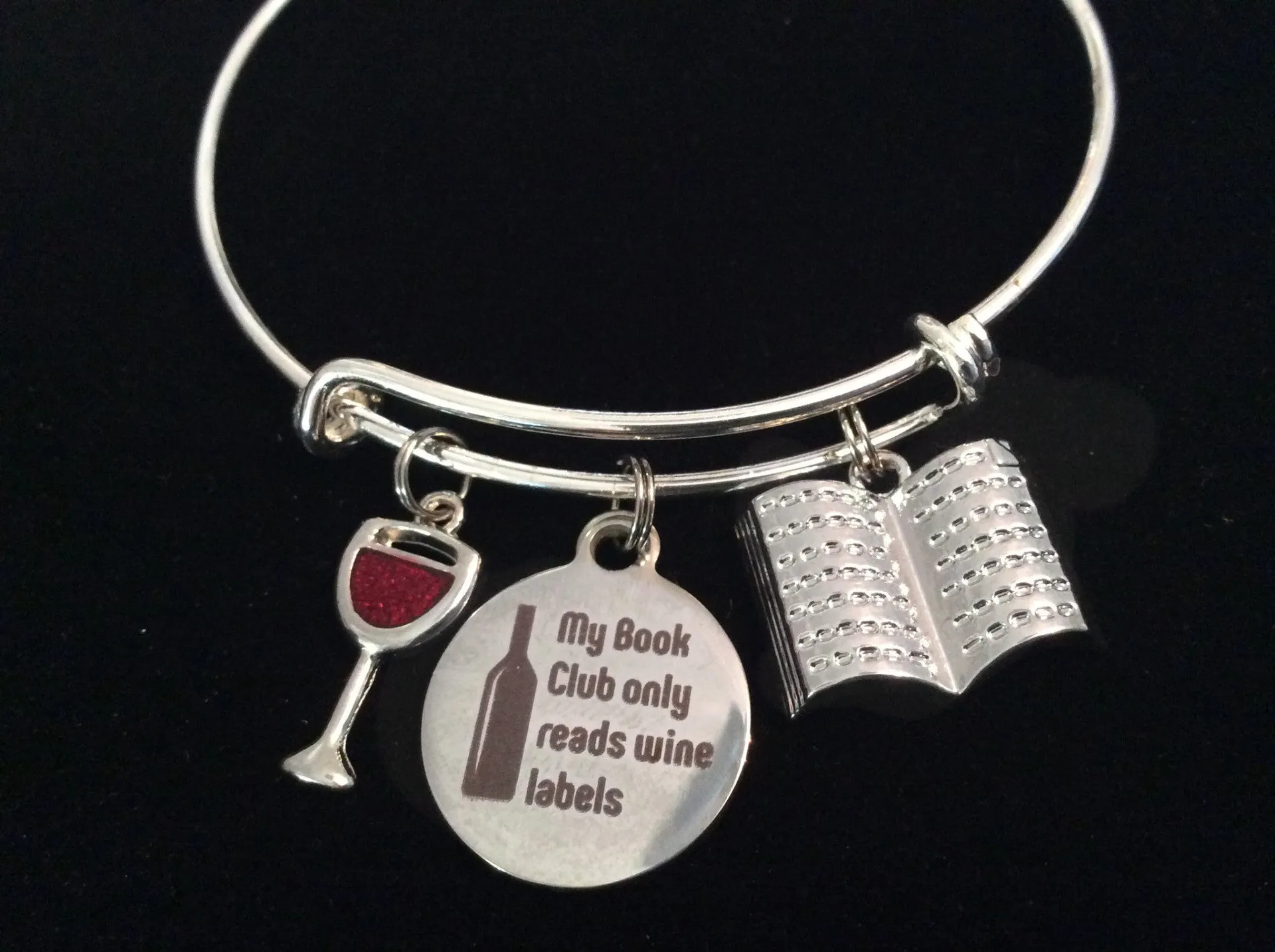 Book Club Wine Themed Expandable Silver Charm Bracelet Adjustable Bangle Trendy Gift