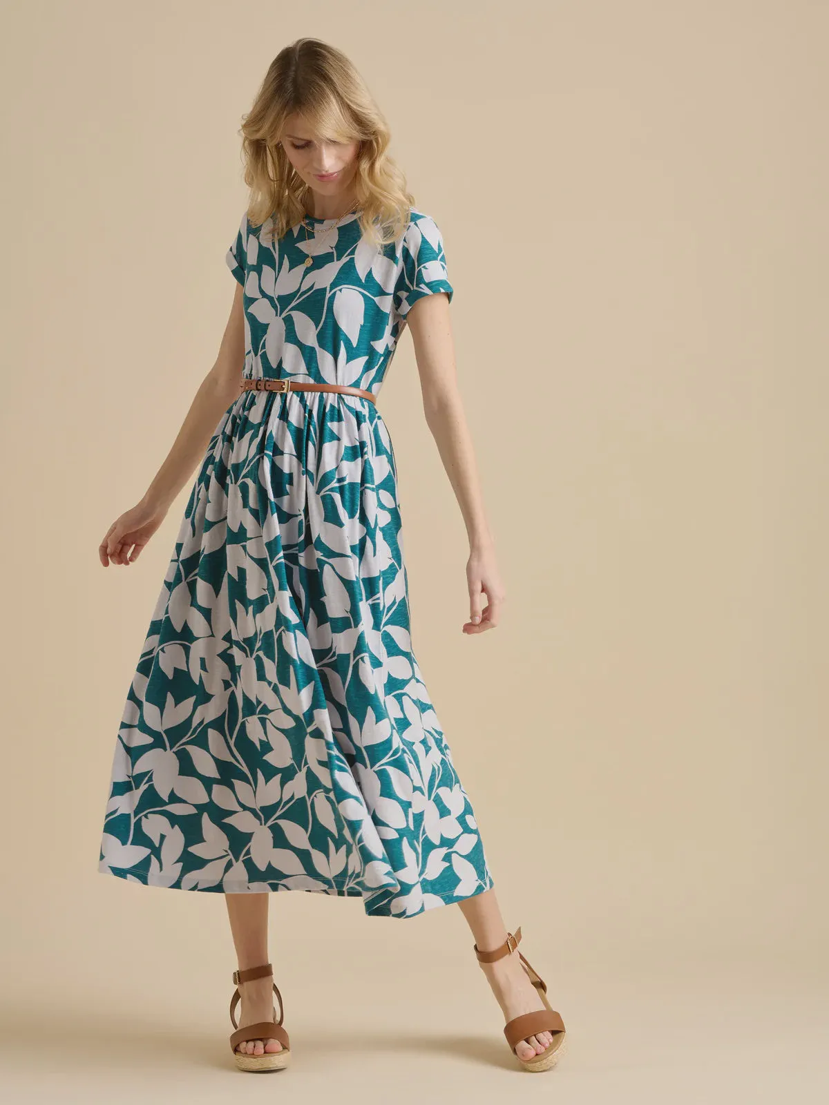 Brakeburn Woodland Leaves Maxi Jersey Dress Teal