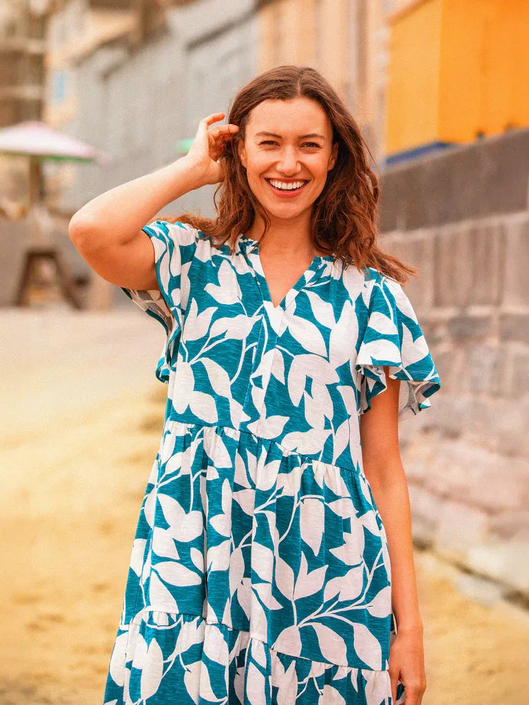 Brakeburn Woodland Leaves Maxi Jersey Dress Teal
