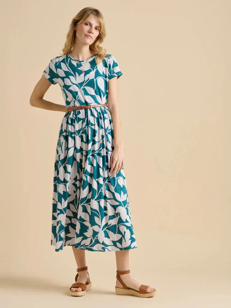 Brakeburn Woodland Leaves Maxi Jersey Dress Teal