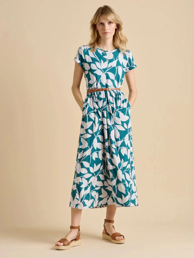 Brakeburn Woodland Leaves Maxi Jersey Dress Teal