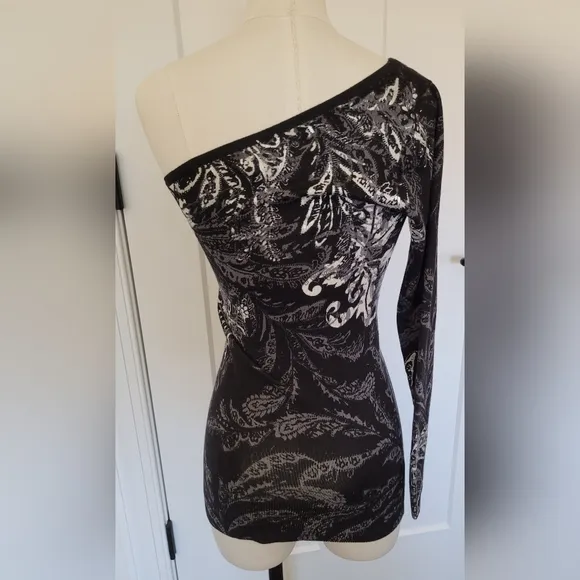 Cache Sweater One Shoulder Black And White Silk Blend With Beading S…NWT