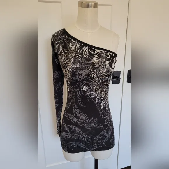 Cache Sweater One Shoulder Black And White Silk Blend With Beading S…NWT