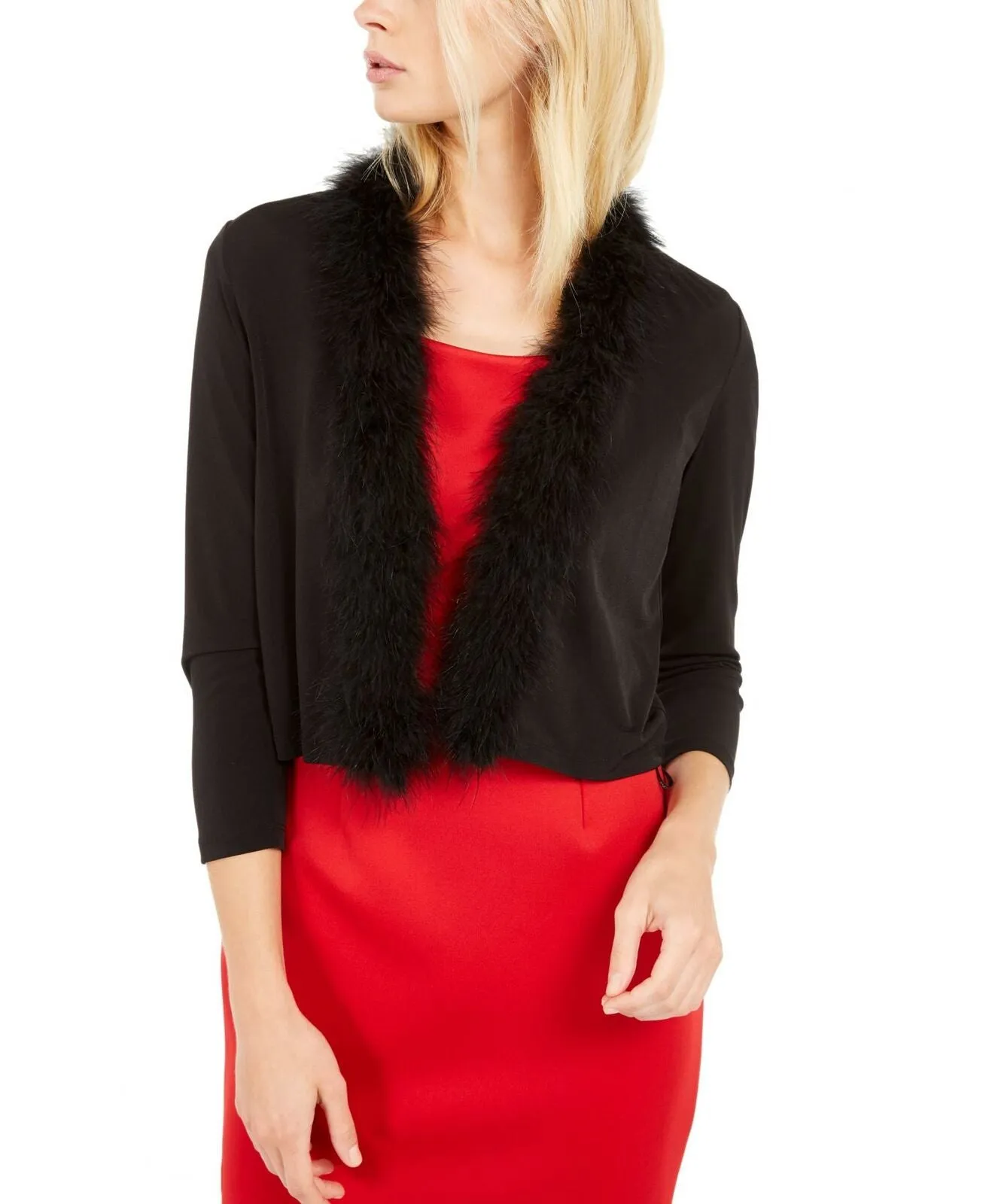 Calvin Klein Women's Feather-Trim Shrug Cardigan Black Medium