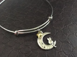 Cat on the Moon with Gold Heart Charm Bracelet Expandable Adjustable Wire Bangle Stacking Handmade Trendy Gift Kitten