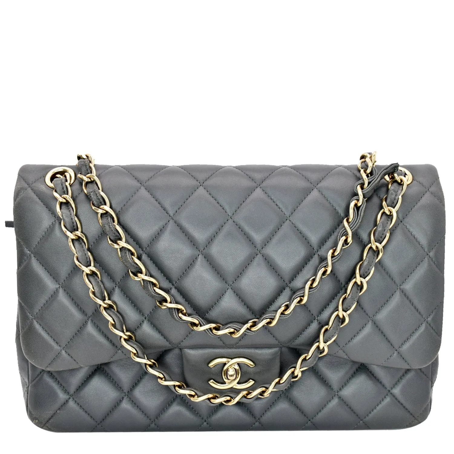 CHANEL Classic Jumbo Double Flap Lambskin Leather Shoulder Bag Grey