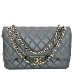 CHANEL Classic Jumbo Double Flap Lambskin Leather Shoulder Bag Grey