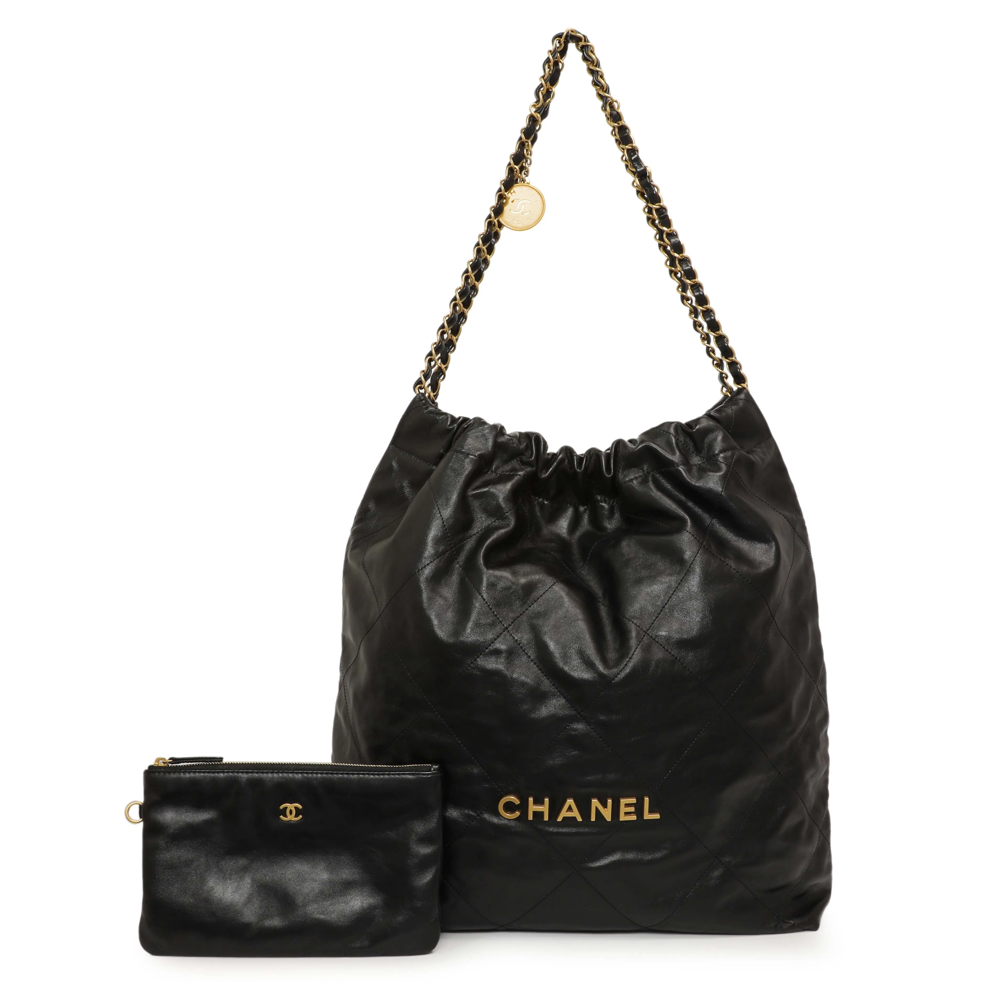 Chanel Shiny Black Quilted Shiny Calfskin Large Chanel 22