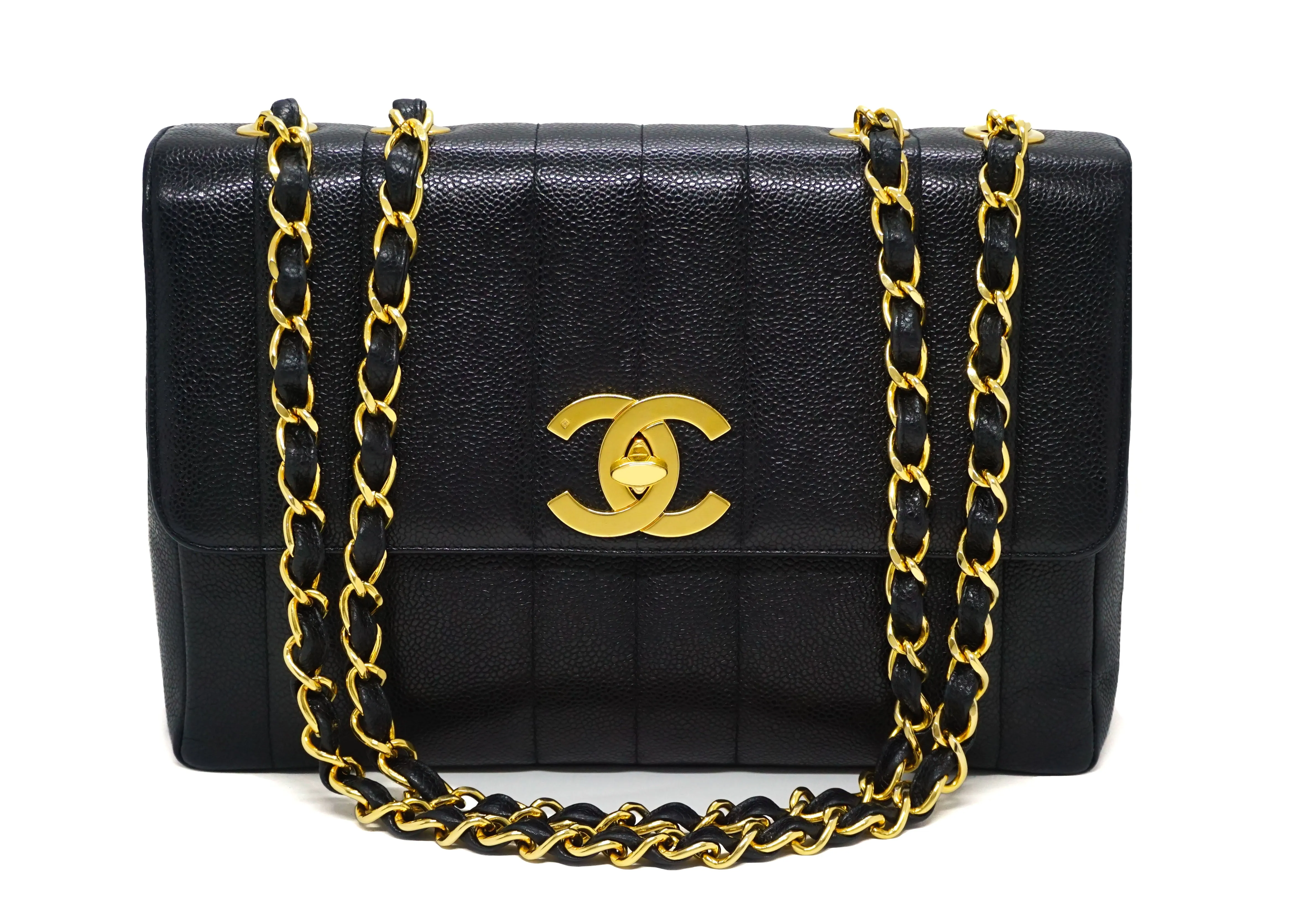 Chanel Vintage Black Caviar Vertical Quilted Jumbo