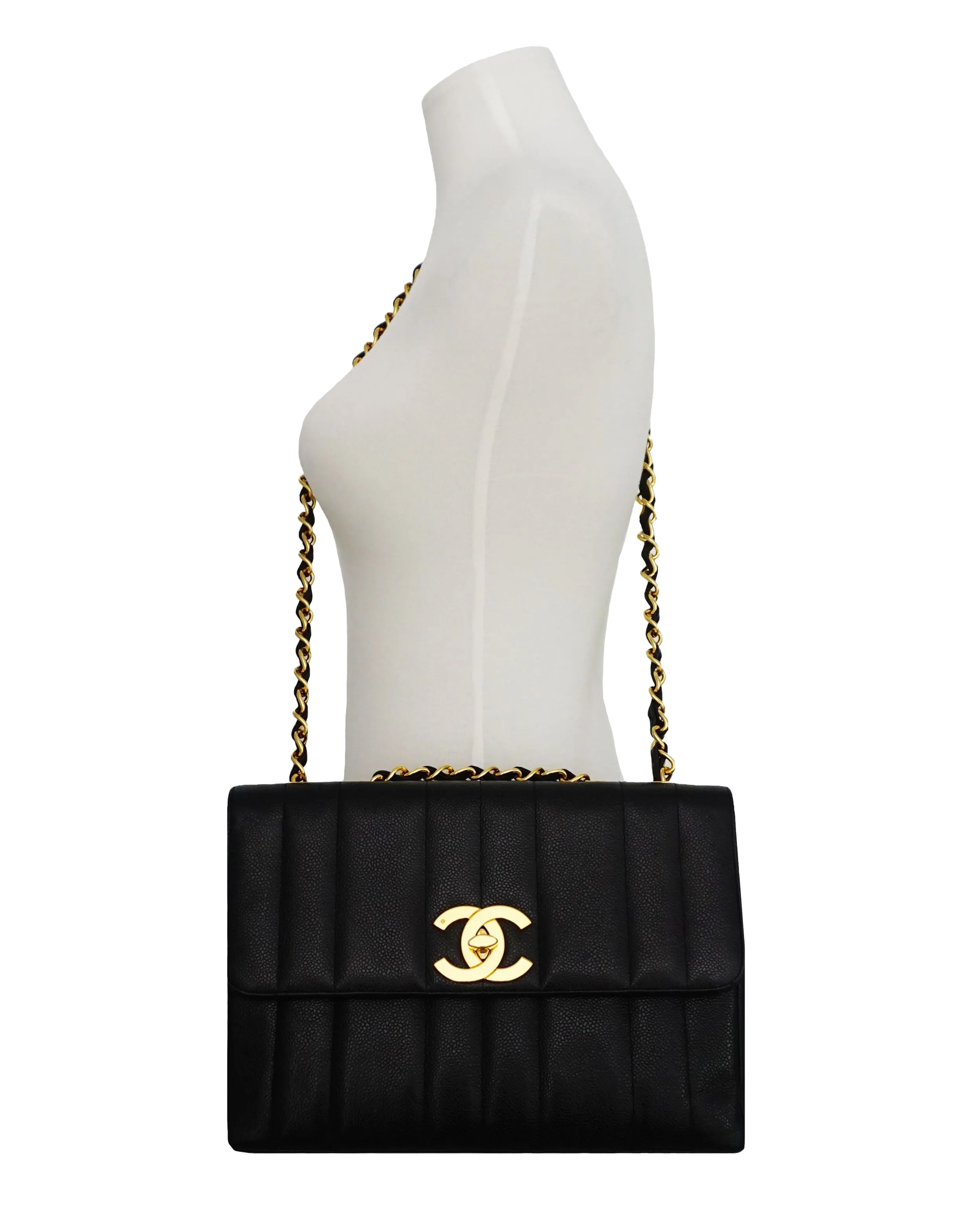 Chanel Vintage Black Caviar Vertical Quilted Jumbo