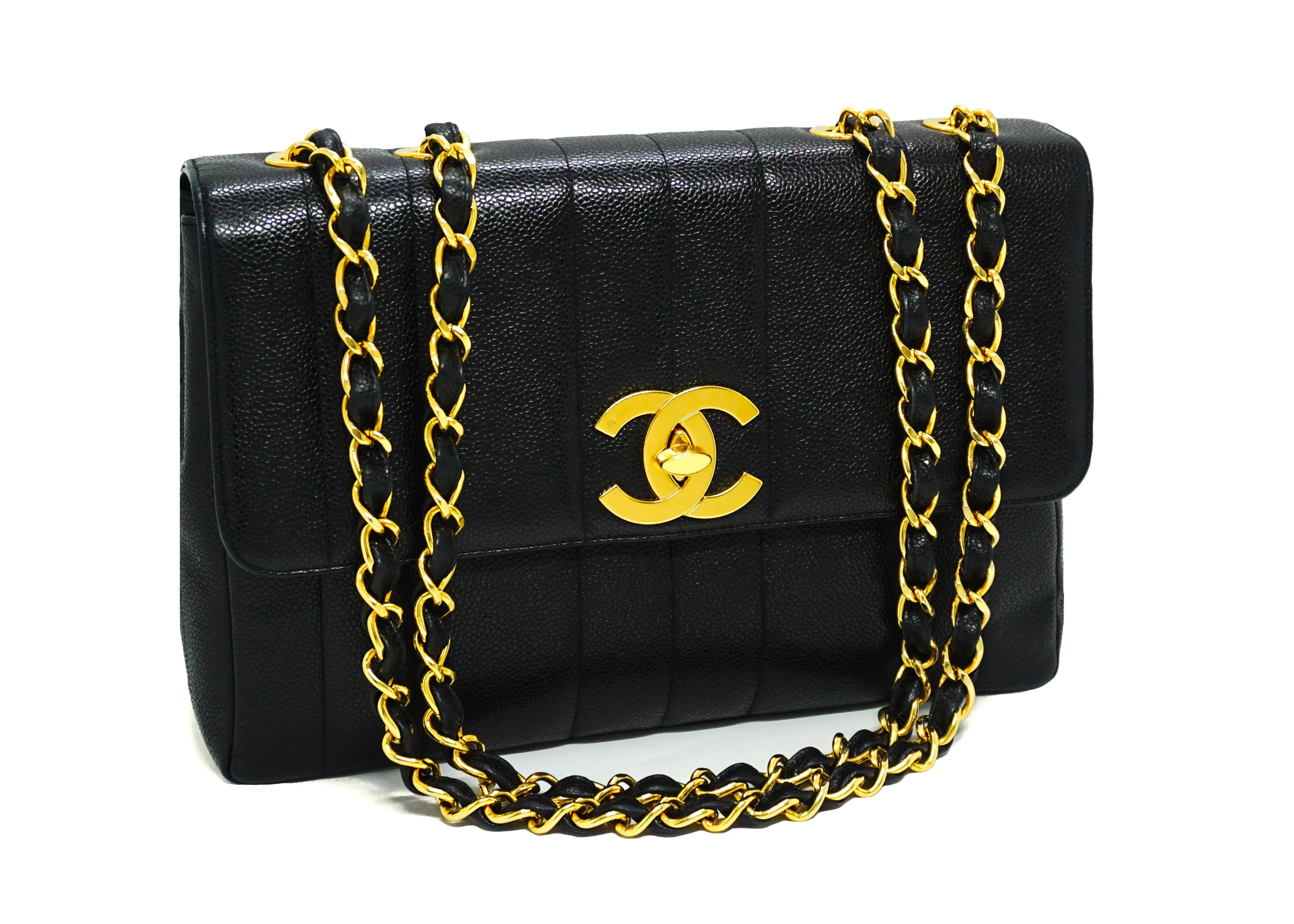 Chanel Vintage Black Caviar Vertical Quilted Jumbo
