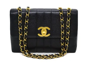 Chanel Vintage Black Caviar Vertical Quilted Jumbo