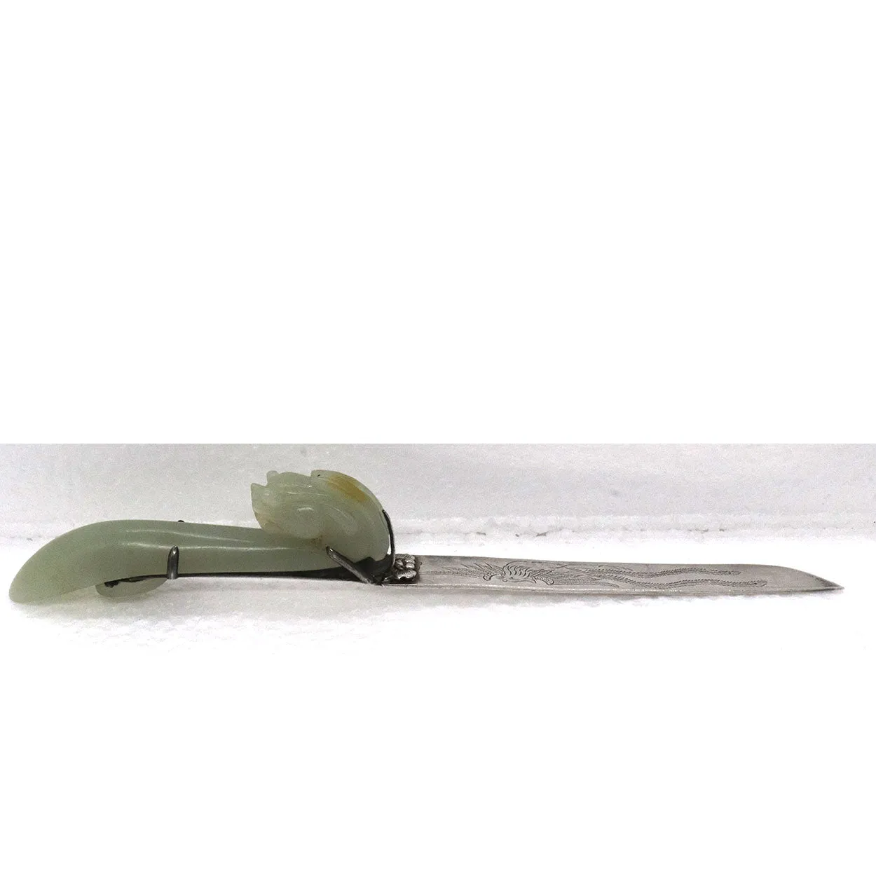 Chinese Celadon Jade Dragon Belt Hook and Silver Letter Opener