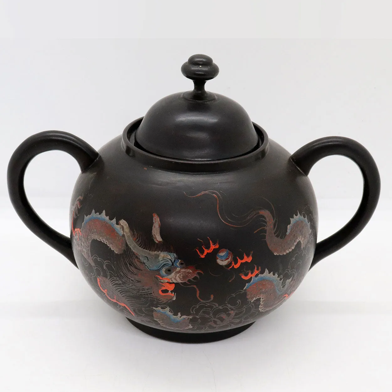 Chinese Export K.K.C.K. Black Lacquer Dragon Chasing Pearl Sugar Bowl