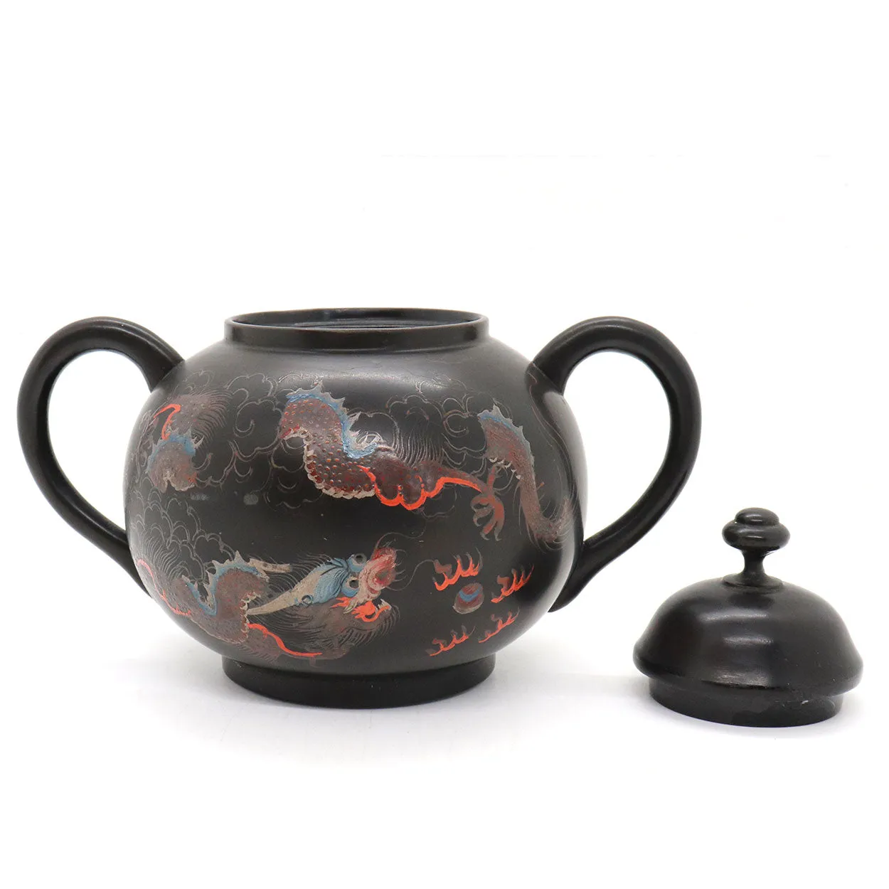 Chinese Export K.K.C.K. Black Lacquer Dragon Chasing Pearl Sugar Bowl