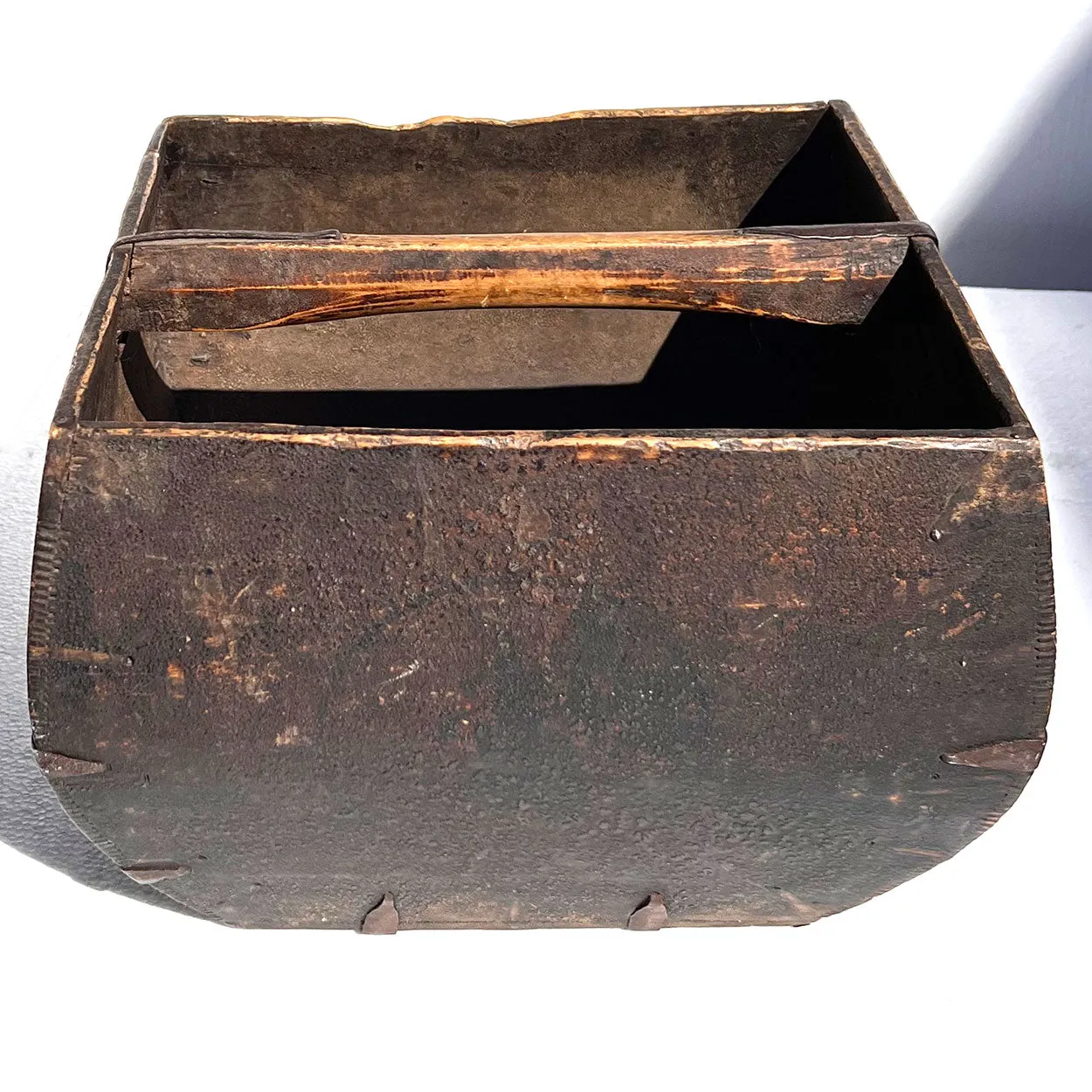 Chinese Provincial Iron Mounted Wooden Rice / Grain Measure Basket
