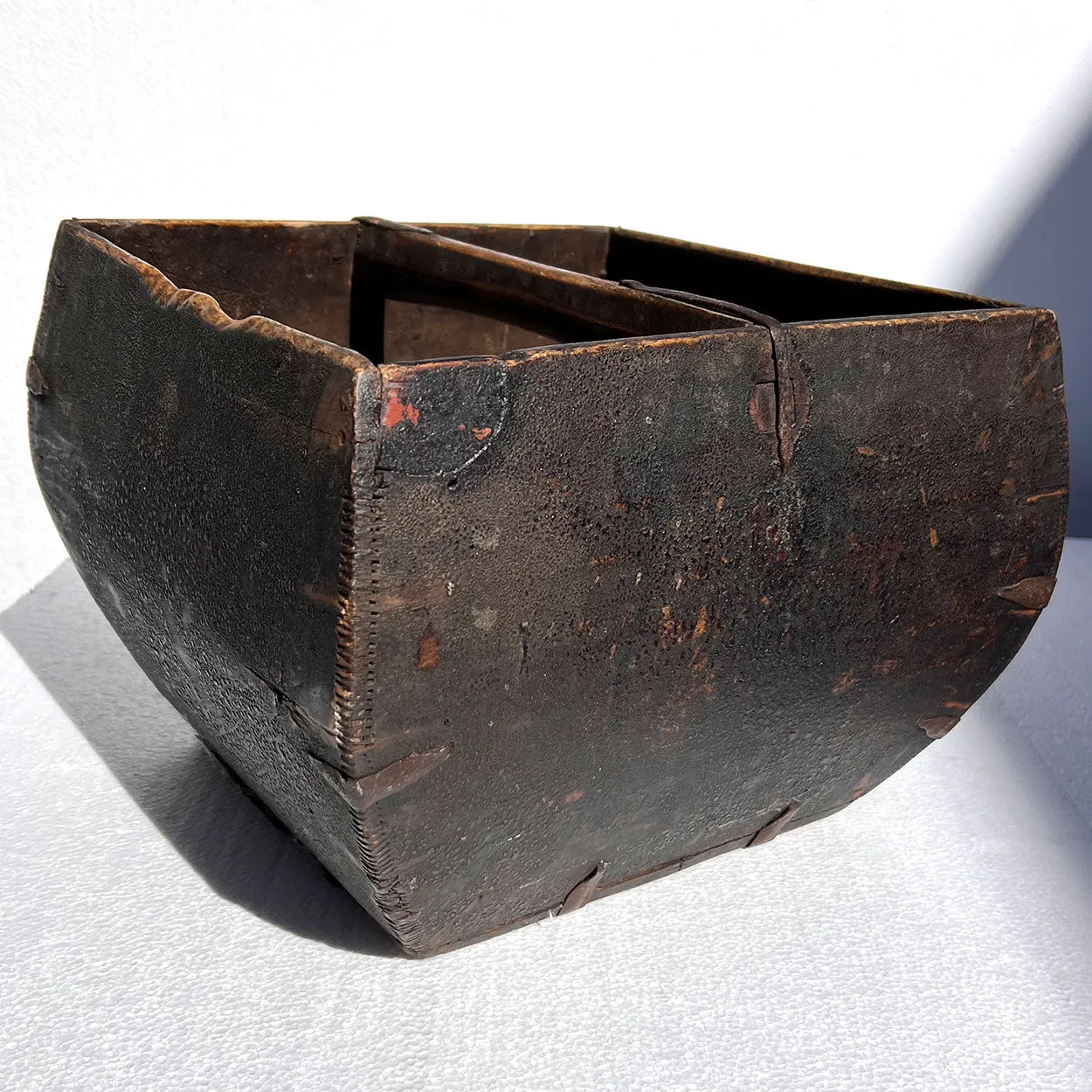Chinese Provincial Iron Mounted Wooden Rice / Grain Measure Basket