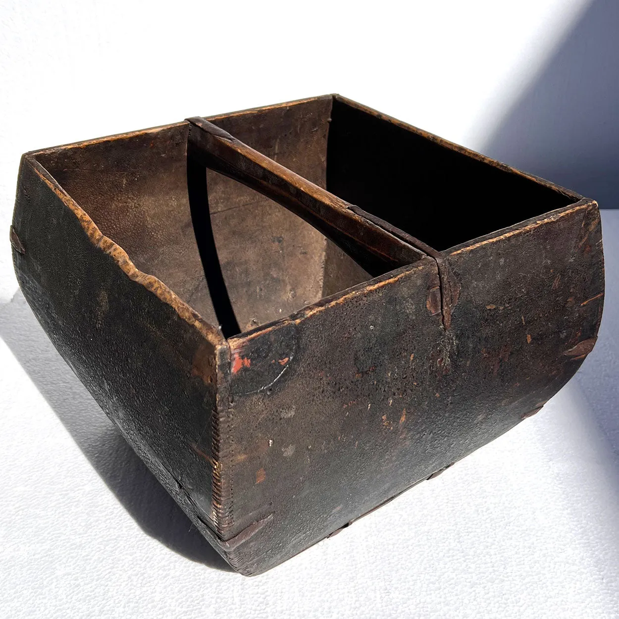 Chinese Provincial Iron Mounted Wooden Rice / Grain Measure Basket