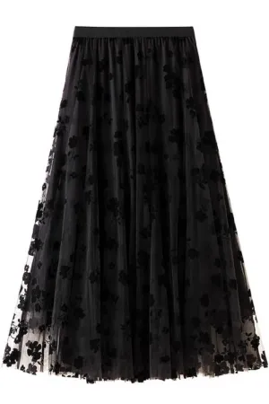 Chouyatou Women's Elastic High Waist Tulle Ruffle Pleated A-Line Swing Midi Skirt