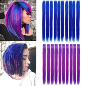 Colored Clip in Hair Extensions 22'' Straight Hair Extensions Clip in Mixed Colors Party Highlights Hairpieces Sapphire Blue Purple