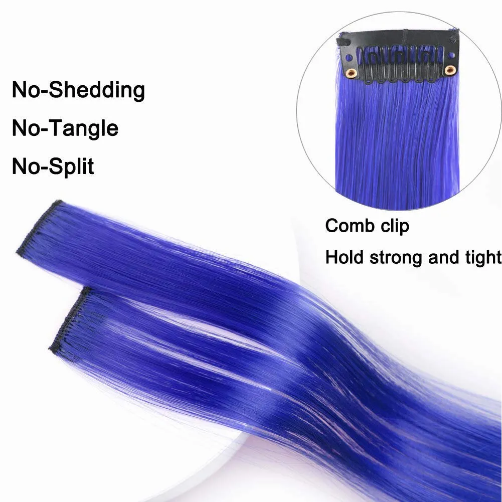 Colored Clip in Hair Extensions 22'' Straight Hair Extensions Clip in Mixed Colors Party Highlights Hairpieces Sapphire Blue Purple