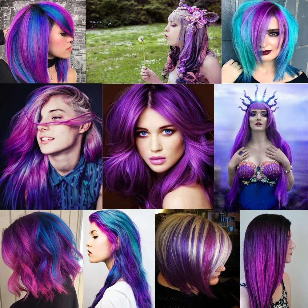 Colored Clip in Hair Extensions 22'' Straight Hair Extensions Clip in Mixed Colors Party Highlights Hairpieces Sapphire Blue Purple