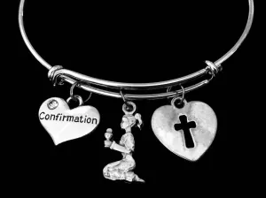 Confirmation Jewelry Praying Girl Heart Cross Expandable Charm Bracelet Inspirational Jewelry Silver Adjustable Wire Bangle
