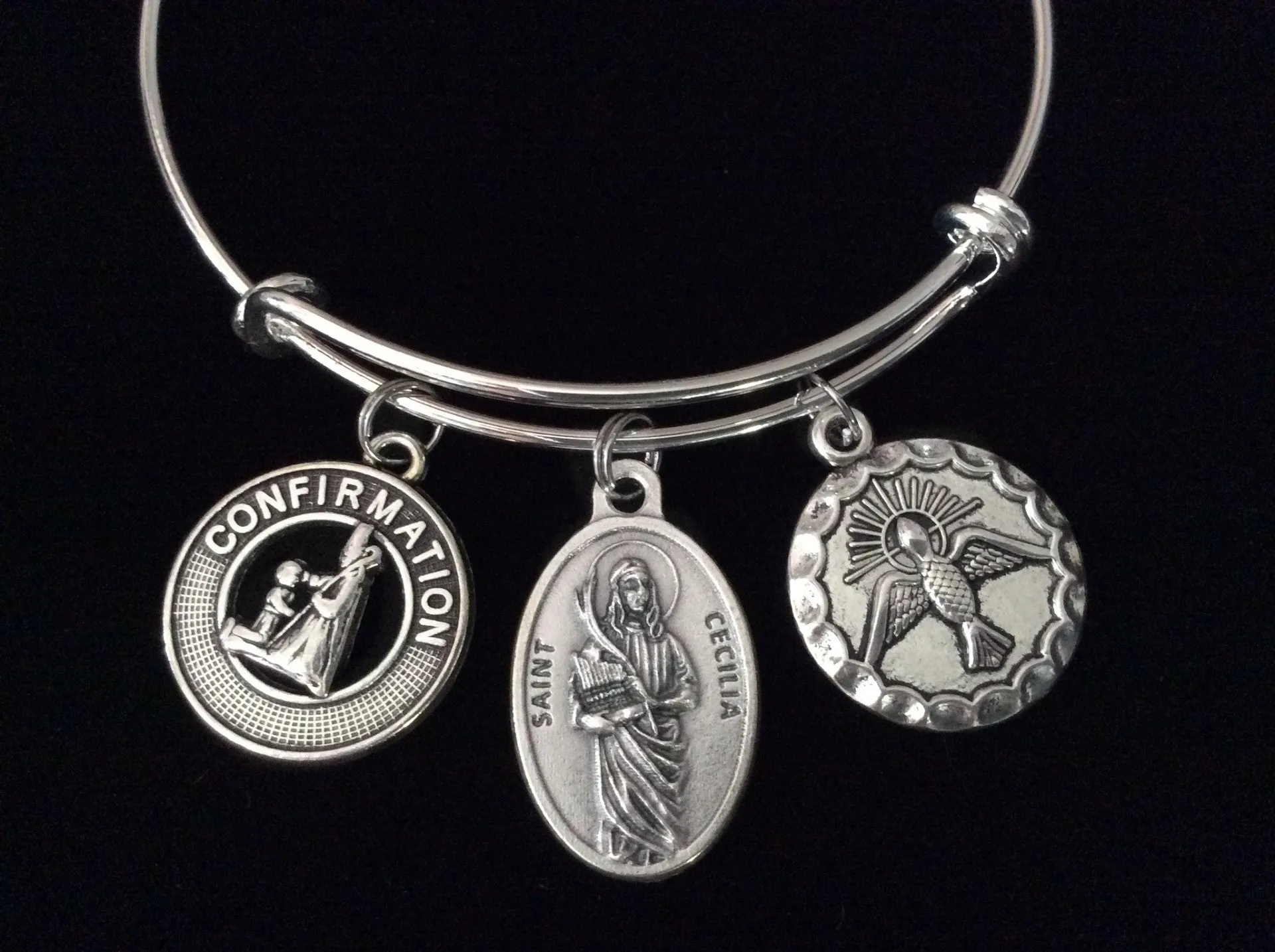 Confirmation Saint Cecilia Expandable Charm Bracelet Silver Adjustable bangle Medal Catholic Gift Dove