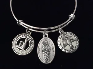 Confirmation Saint Cecilia Expandable Charm Bracelet Silver Adjustable bangle Medal Catholic Gift Dove