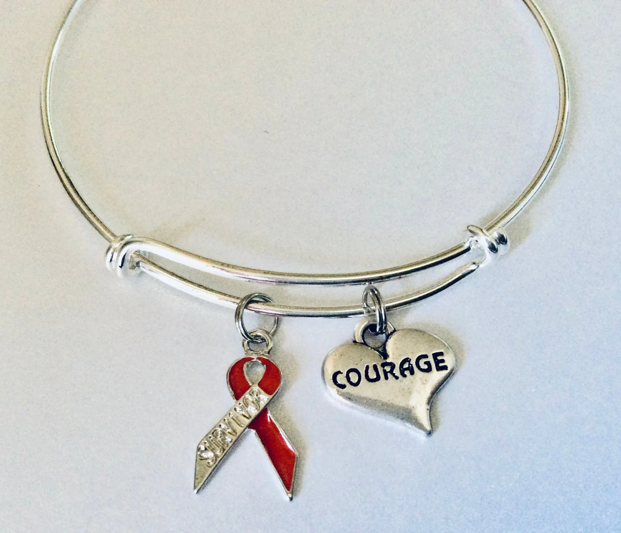 Courage Charm and Heart Stroke Awareness Red Ribbon Expandable Charm Bracelet Adjustable Bangle Go Red Gift