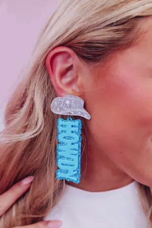 Cowboy Hat "Howdy" Glitter Earrings - Blue