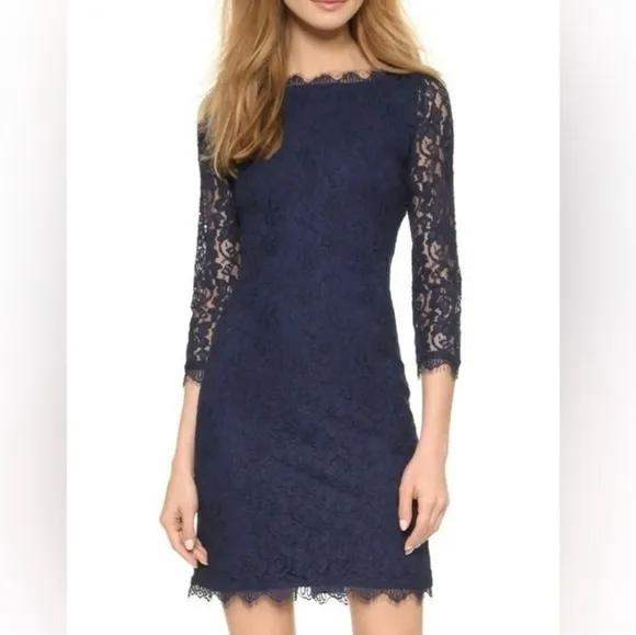 Diane Von Furstenberg Zarita Midnight Navy Blue Stretch Lace Shift Dress