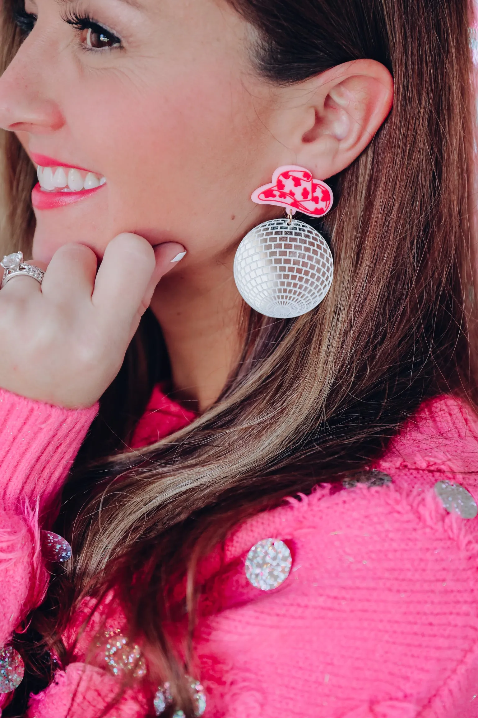 Disco Cowboy Hat Acrylic Drop Earrings - Silver