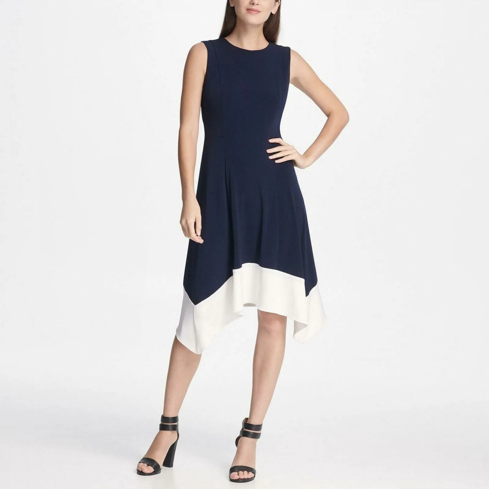 DKNY Women's Colorblock Handkerchief Hem Dress Navy / White 6