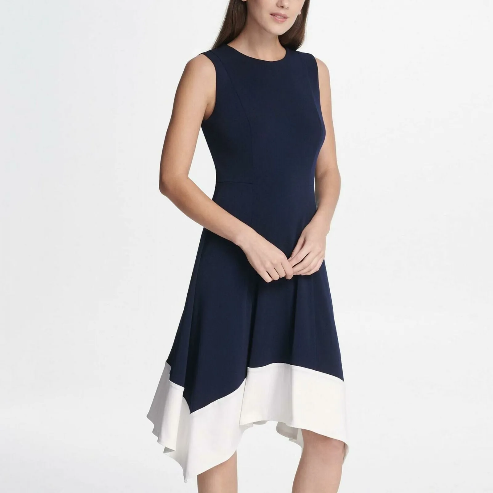 DKNY Women's Colorblock Handkerchief Hem Dress Navy / White 6