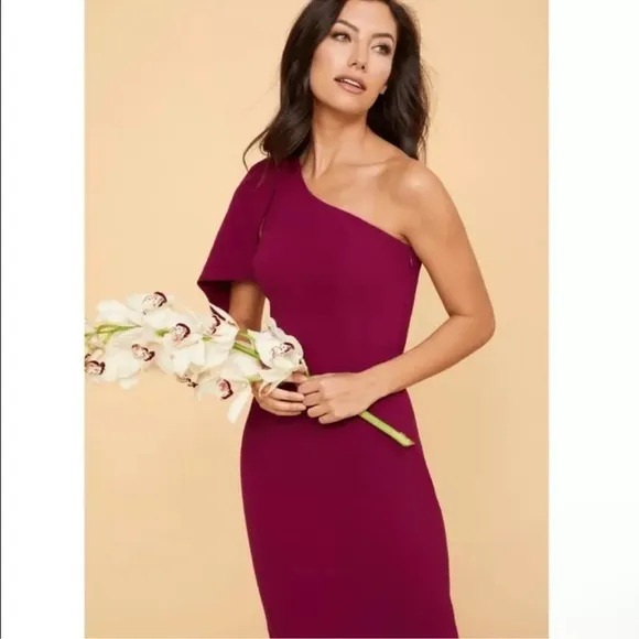 DRESS THE POPULATION Tiffany One-Shoulder Maroon Dark Magenta Dress Size S NWT