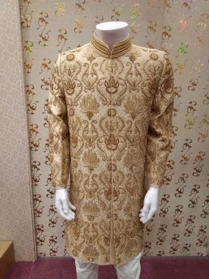 Dulha Sherwani With Turban In Golden Color Model# Men 1737