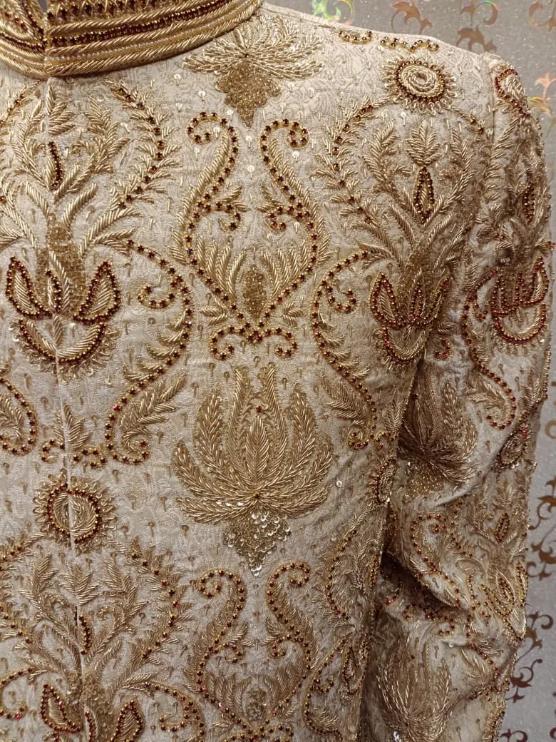 Dulha Sherwani With Turban In Golden Color Model# Men 1737