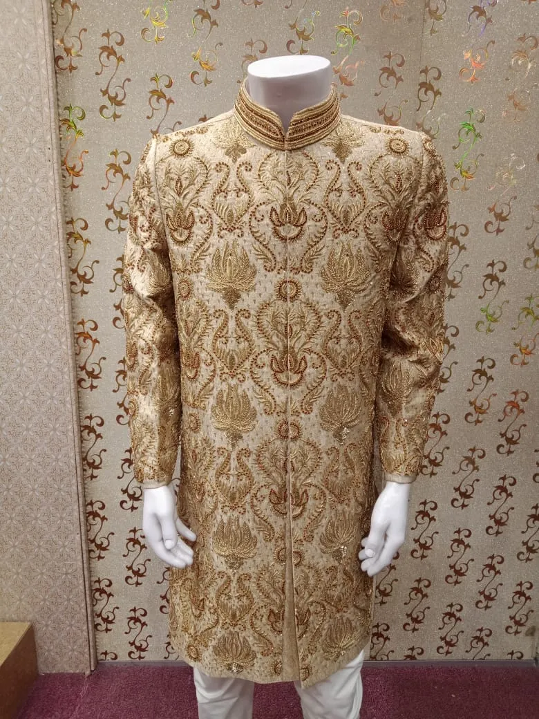 Dulha Sherwani With Turban In Golden Color Model# Men 1737